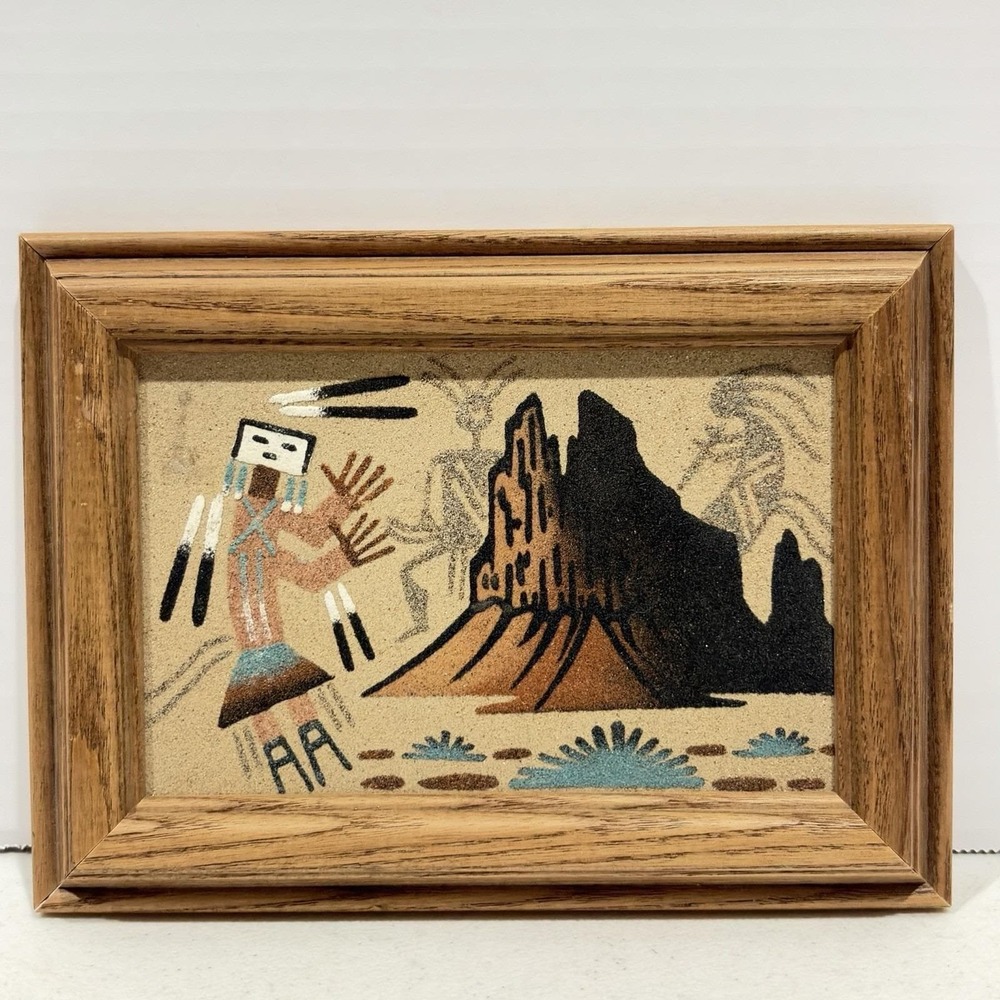 Vintage Signed Navajo Sand Painting Framed Yei Deity Art Southwest Yazzie